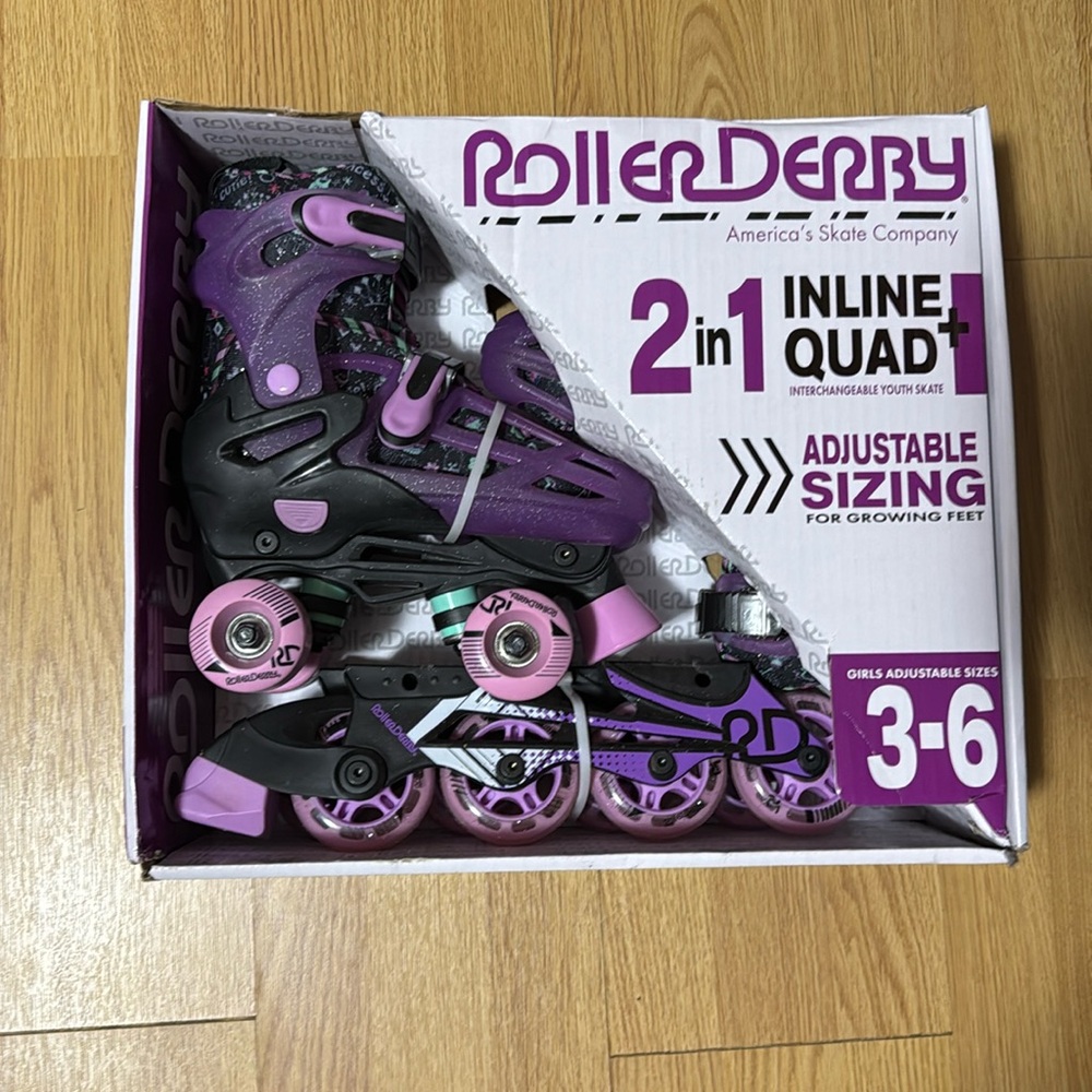 ROLLER DERBY 2 in 1 Inline Quad+ Interchangeable Youth Skate, Adjustable Sizing!